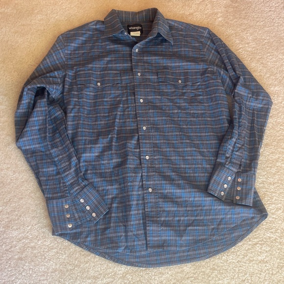 Wrangler Shirt Mens Large Blue Plaid Pearl Snap Long Sleeve Cowboy Rodeo Western - Picture 1 of 5
